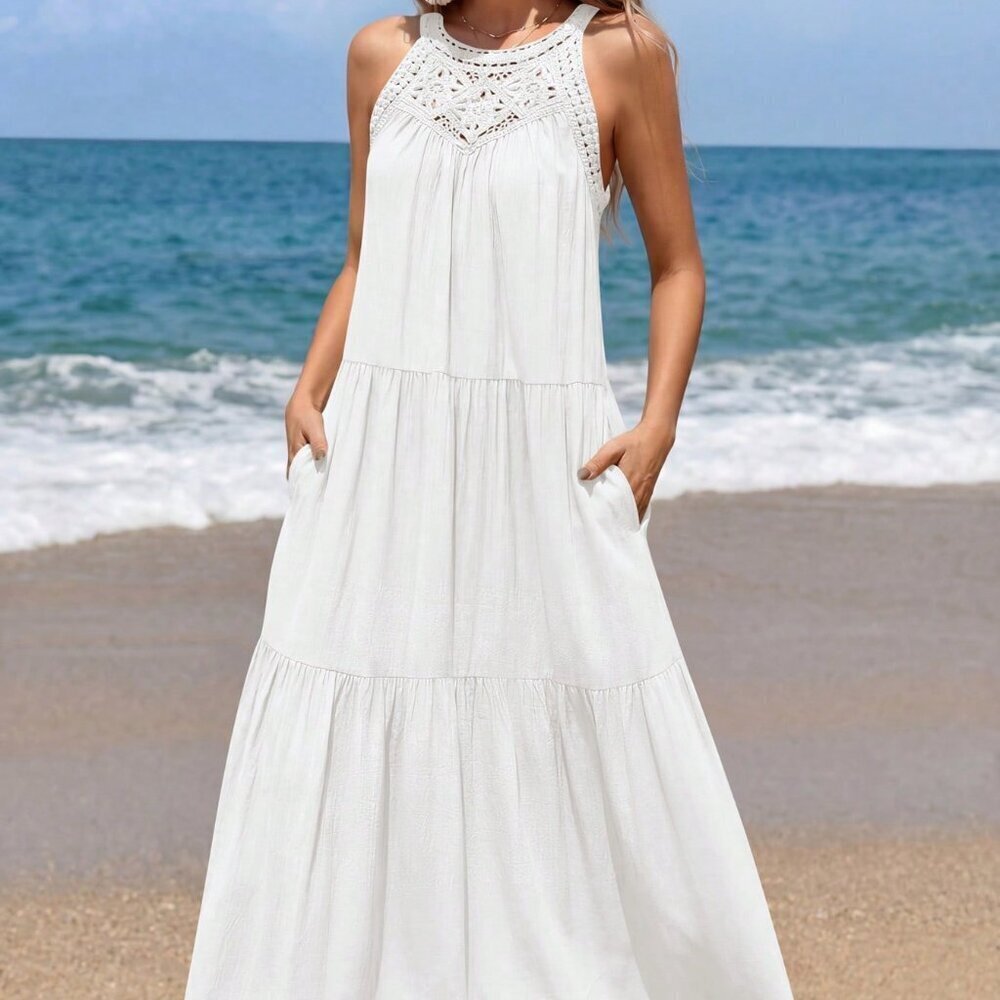 White Casual Women's Boho Halter Maxi Sundress